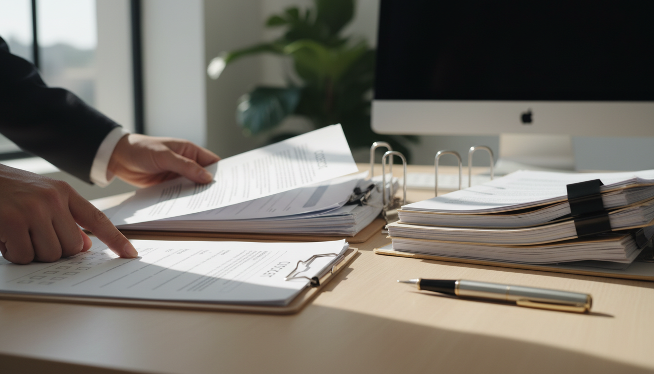 Руки человека, сортирующие юридические документы на столе
